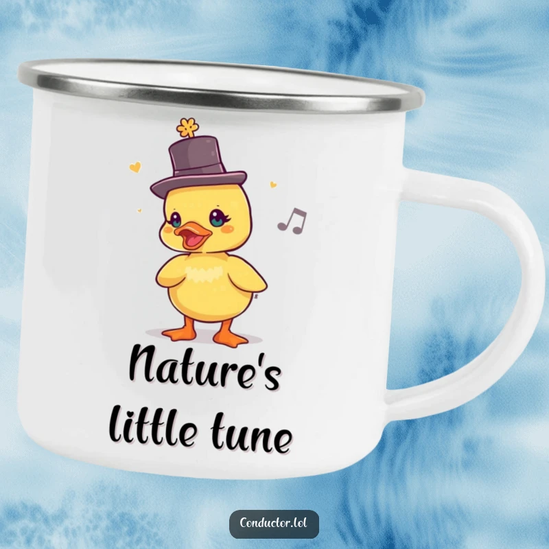 Funny Duckling Maestro Camping Mug: a duckling in a top hat chirps a lively rhythm, ideal for outdoors.
