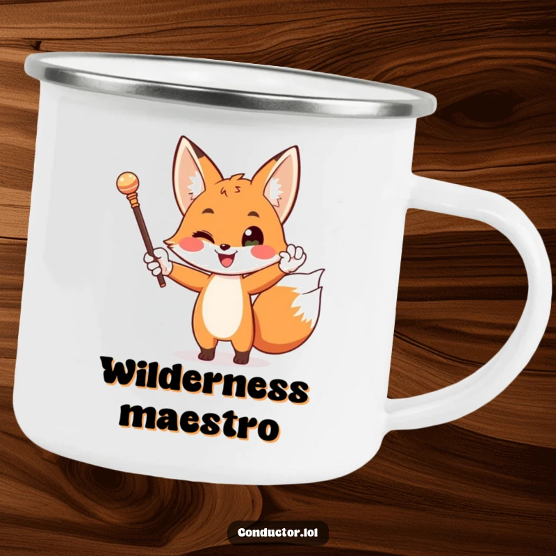 Funny camping mug featuring a happy fox in white gloves, dramatically waving a baton like a sophisticated conductor in nature.