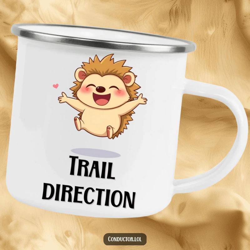 Funny camping mug with a giggling hedgehog leaping joyfully while directing, great for outdoor fun and happy gifting.
