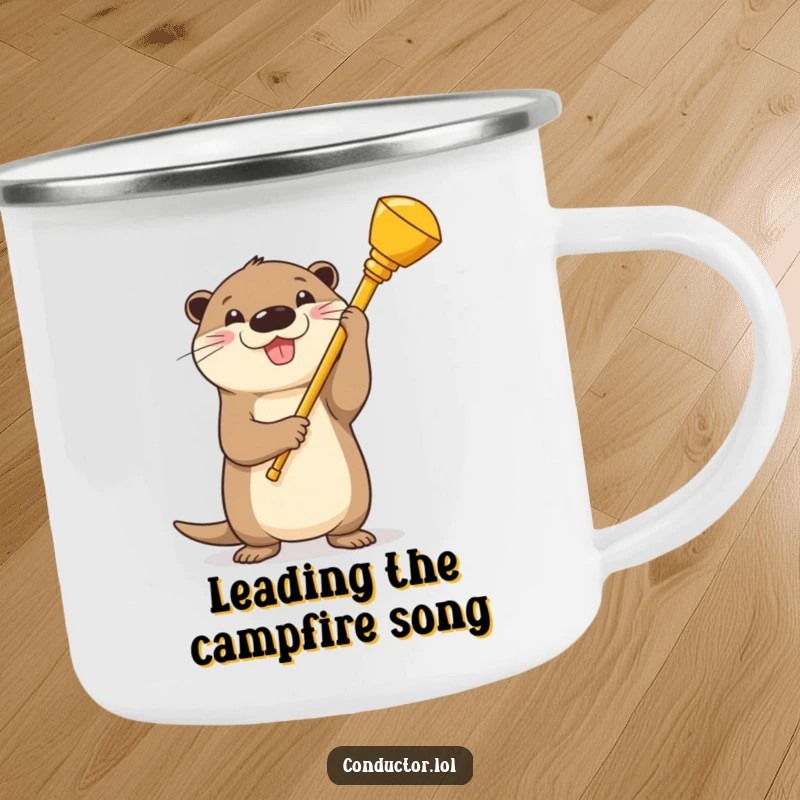 Funny Otter Conductor Camping Mug: A beaming cartoon otter with a golden baton, perfect for campfire concerts.