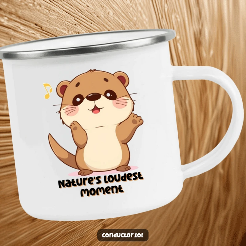 Funny Otter Crescendo Camping Mug: A sweet otter gestures excitedly for music to crescendo outdoors.