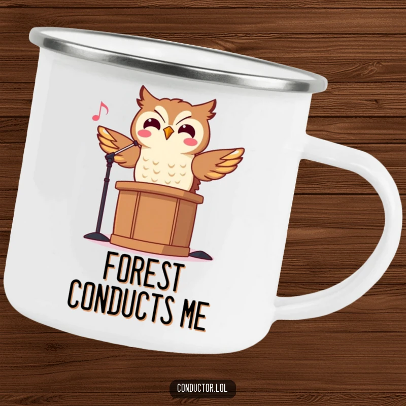 Funny Owl Conductor Camping Mug showing a cheerful owl maestro conducting during a campfire, perfect for outdoor enthusiasts.