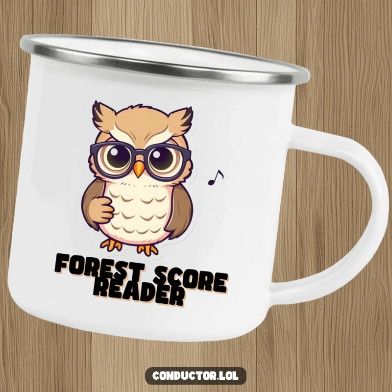 Funny Owl Conductor Camping Mug: A focused owl with spectacles intently watching a score, designed for outdoor contemplation.