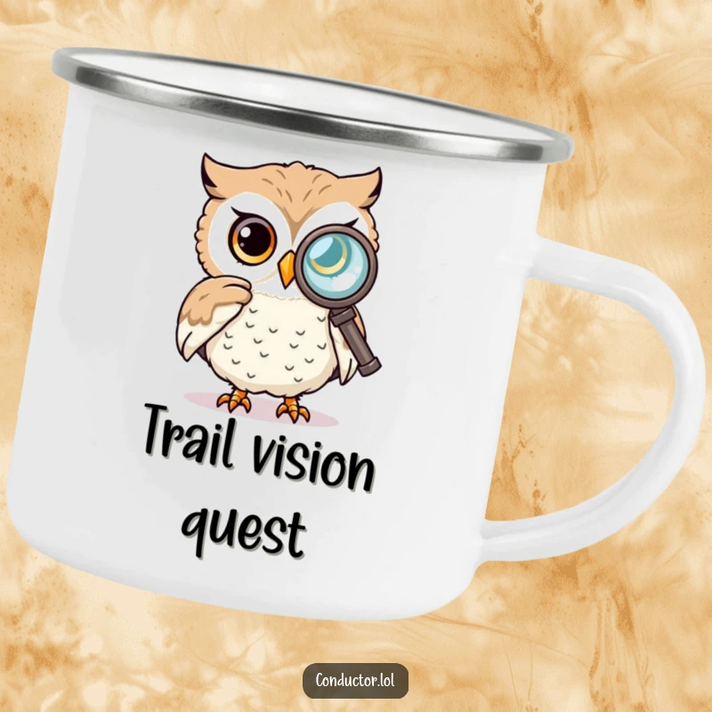 Funny camping mug featuring a curious owl peering through a spyglass, perfect for observing the night sky or distant views.