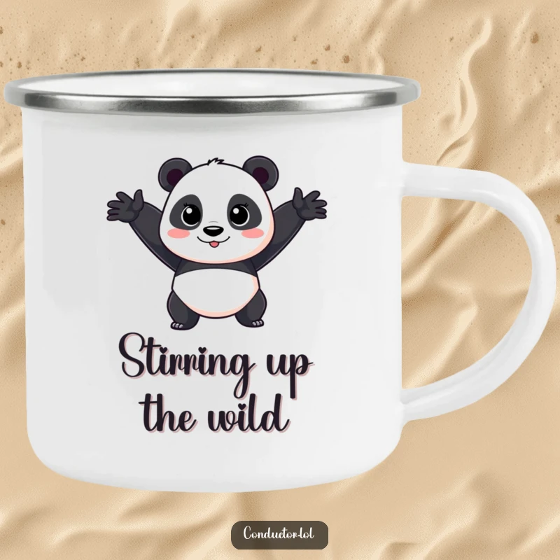Funny Panda Performer Camping Mug: A cartoon panda in a dramatic arm sweep, perfect for enjoying nature.