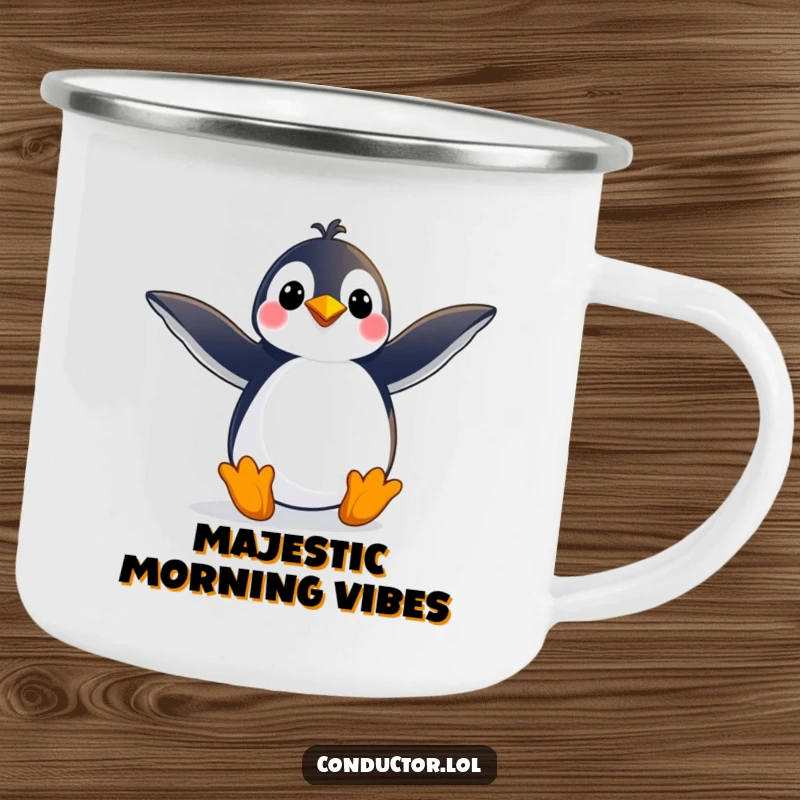 Funny camping mug showing a playful penguin striking a grand pose with arms outstretched, perfect for outdoor enthusiasts who love drama, a fantastic funny gift.