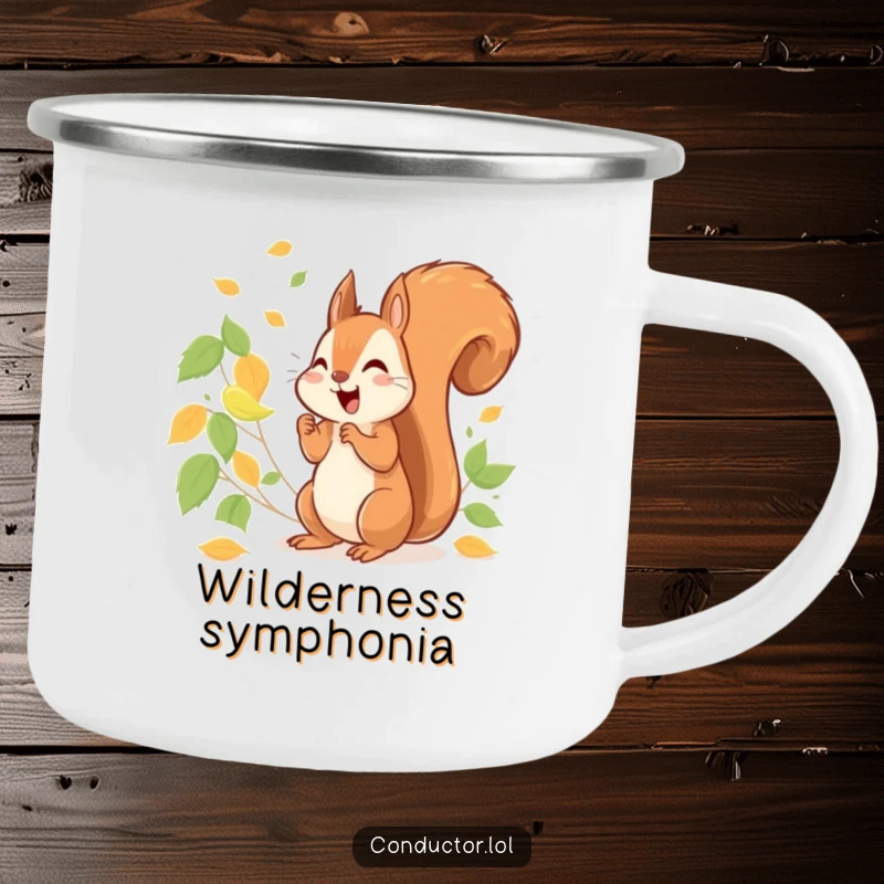 Funny cheerful squirrel energetically conducting a symphony of rustling leaves, on a sturdy camping mug.