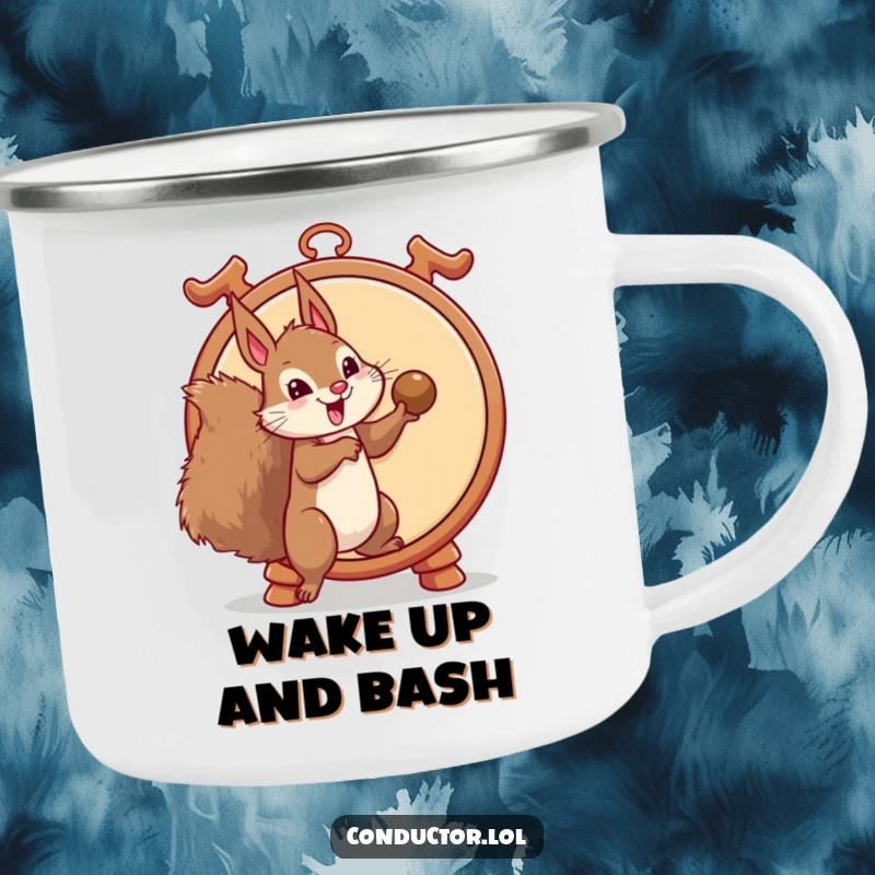 Funny camping mug showing a mischievous squirrel about to strike a gong, perfect for outdoor enthusiasts who love a good laugh, a fantastic funny gift.