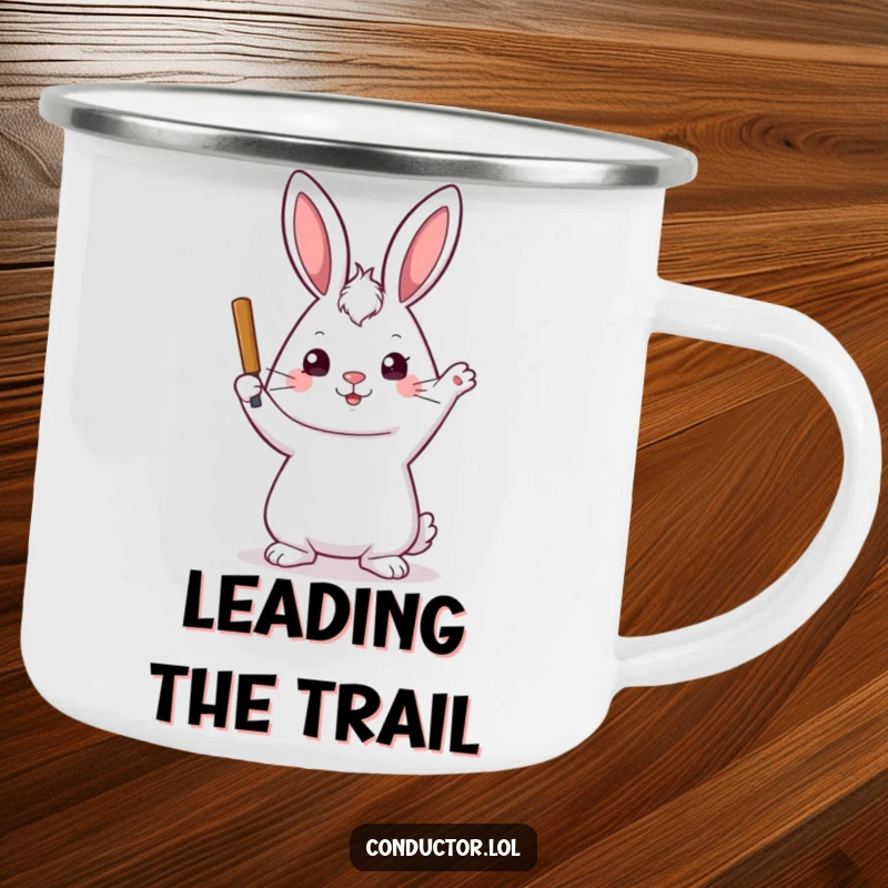 Funny camping mug featuring a playful rabbit with a stern but kind expression, raising its baton, perfect for outdoor direction.