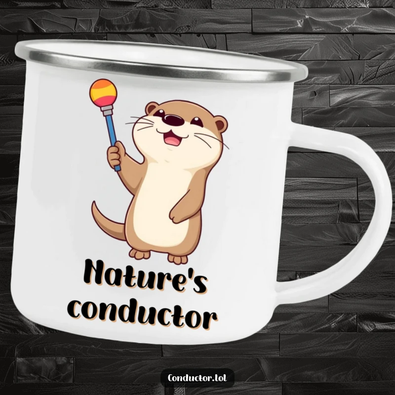 Funny otter gleefully waving a colorful baton on a durable enamel camping mug. Perfect for outdoor enthusiasts.