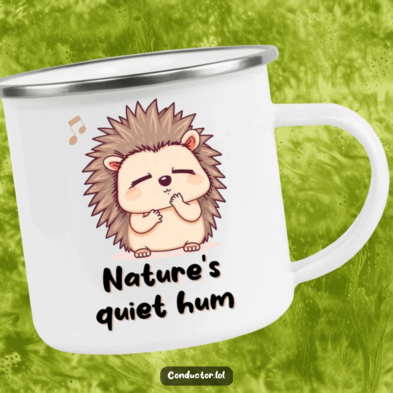 Funny hedgehog camping mug, showing a hedgehog enjoying music outdoors, great for camping trips.
