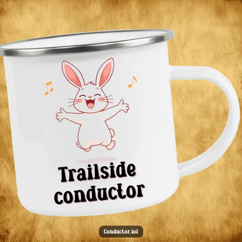 Funny Rabbit Conductor Camping Mug: A giggling rabbit conducting, designed for outdoor adventures and musical enjoyment.