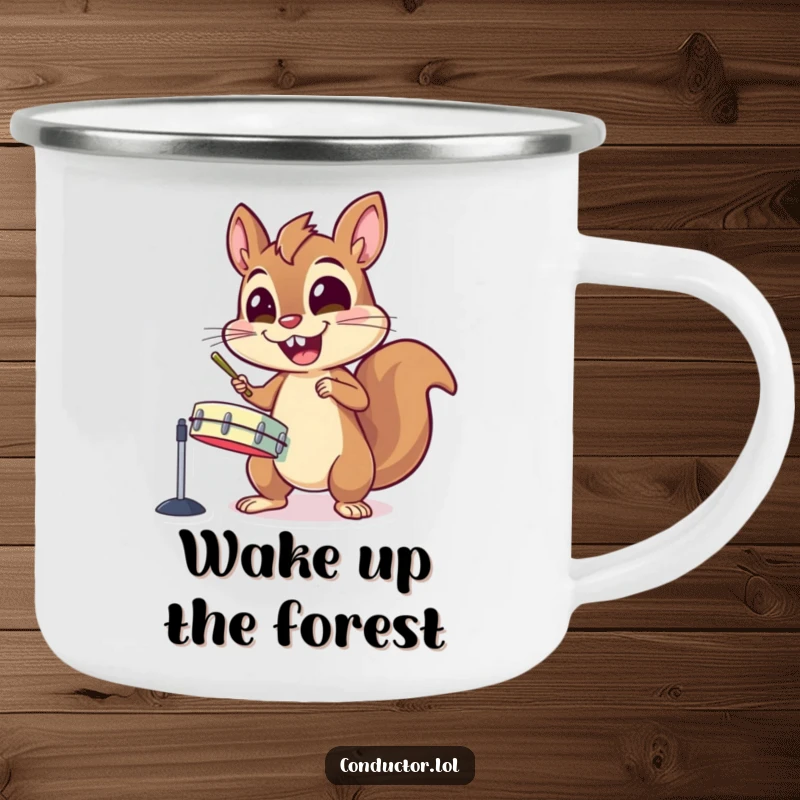 Funny enamel camping mug with an energetic squirrel character gleefully banging on cymbals with wide eyes, perfect for outdoor fun.
