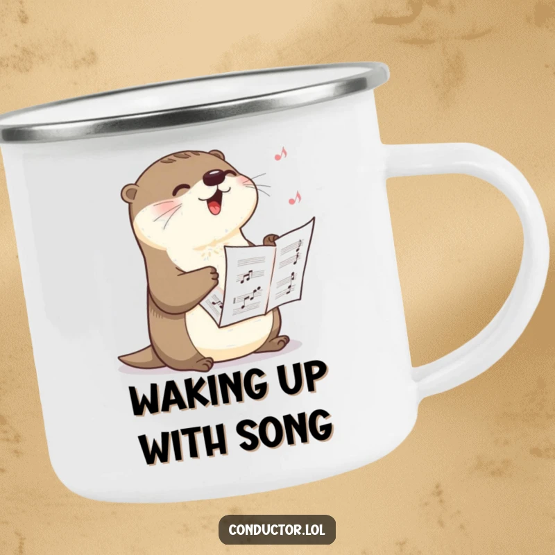 Funny camping mug showing a happy otter singing a dramatic crescendo with sheet music, perfect for outdoor performers, a fantastic funny gift.