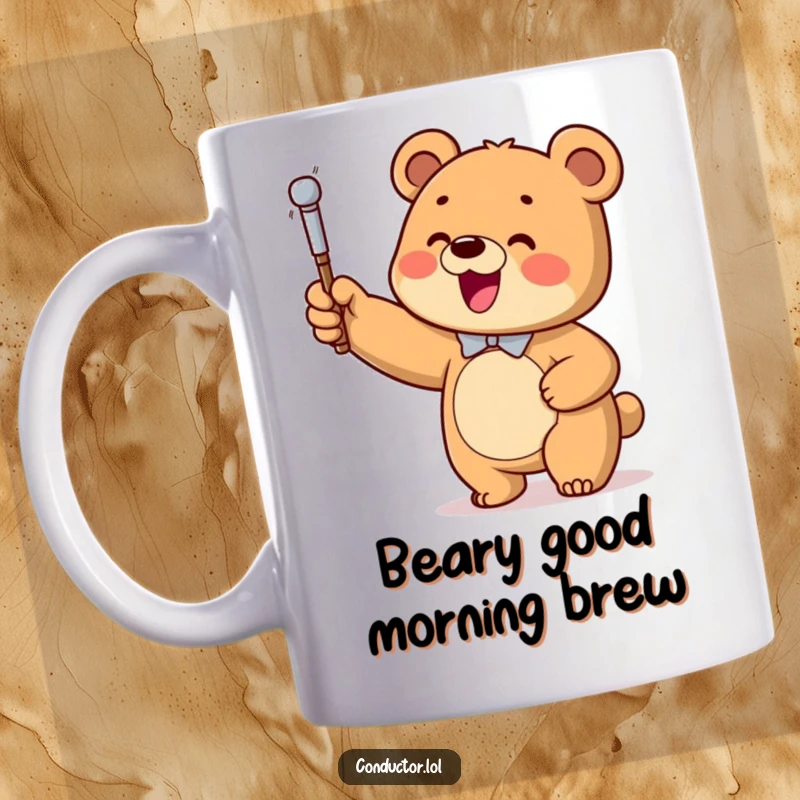 Funny Bear Conductor Mug, a happy bear cub enthusiastically waving a baton, directing an invisible orchestra with gusto.