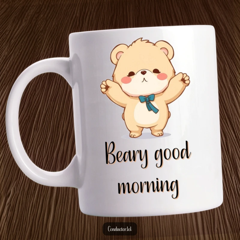 Funny mug featuring a fluffy bear character conducting an orchestra with a grand sweeping motion, bringing musical humor.