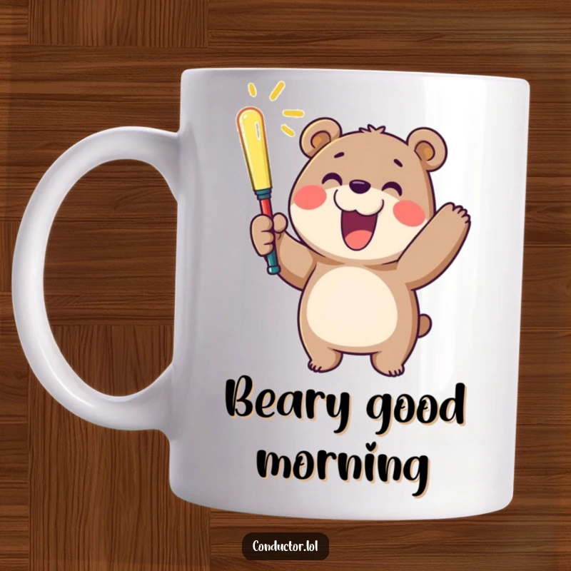 Funny mug art of a cheerful bear enthusiastically waving a glowing baton with a wide smile, symbolizing pure joy and energy.