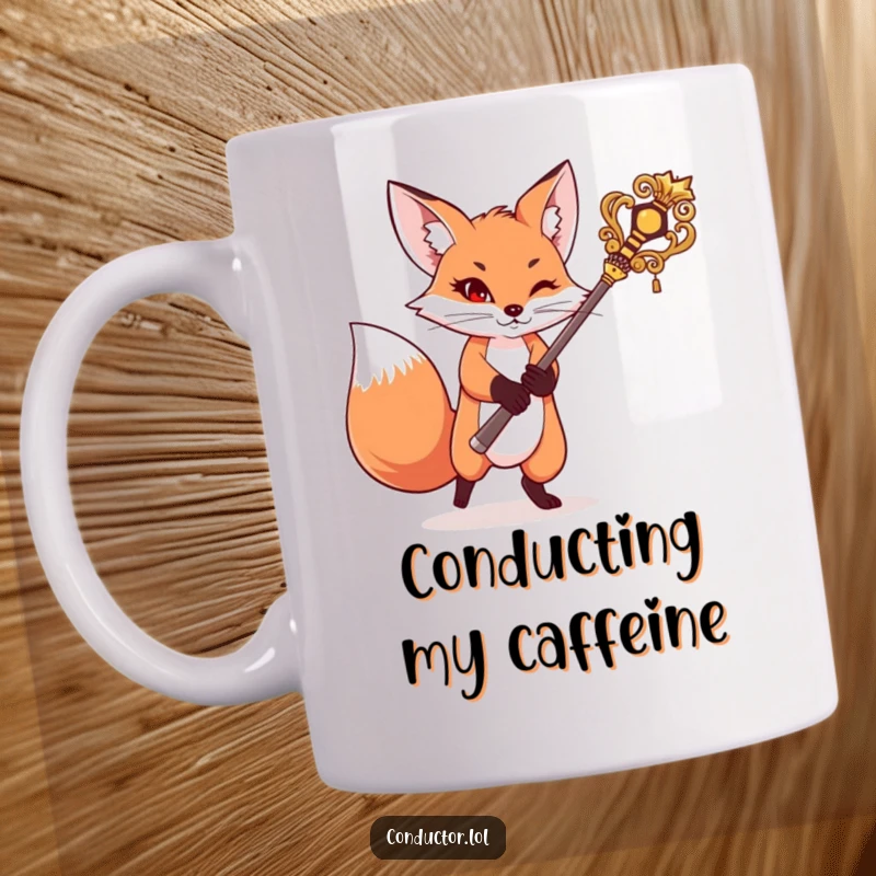 Funny mug depicting a mischievous fox with a grand baton, looking ready to lead an orchestra, full of playful authority.