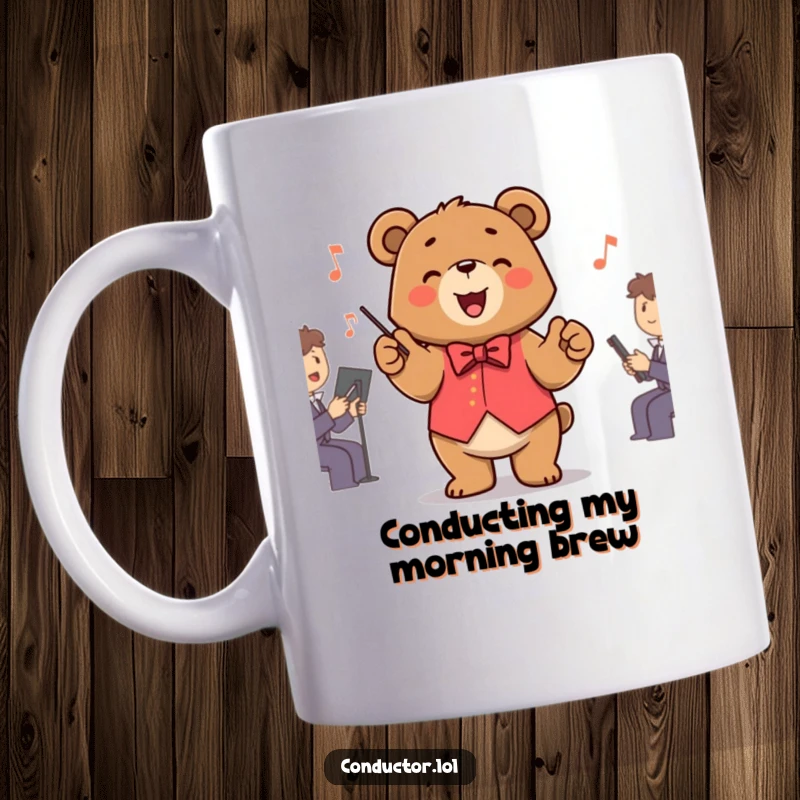 Funny Bear Conductor Mug cheerfully leading an imaginary orchestra with grand paw gestures, radiating pure joy and musical passion.