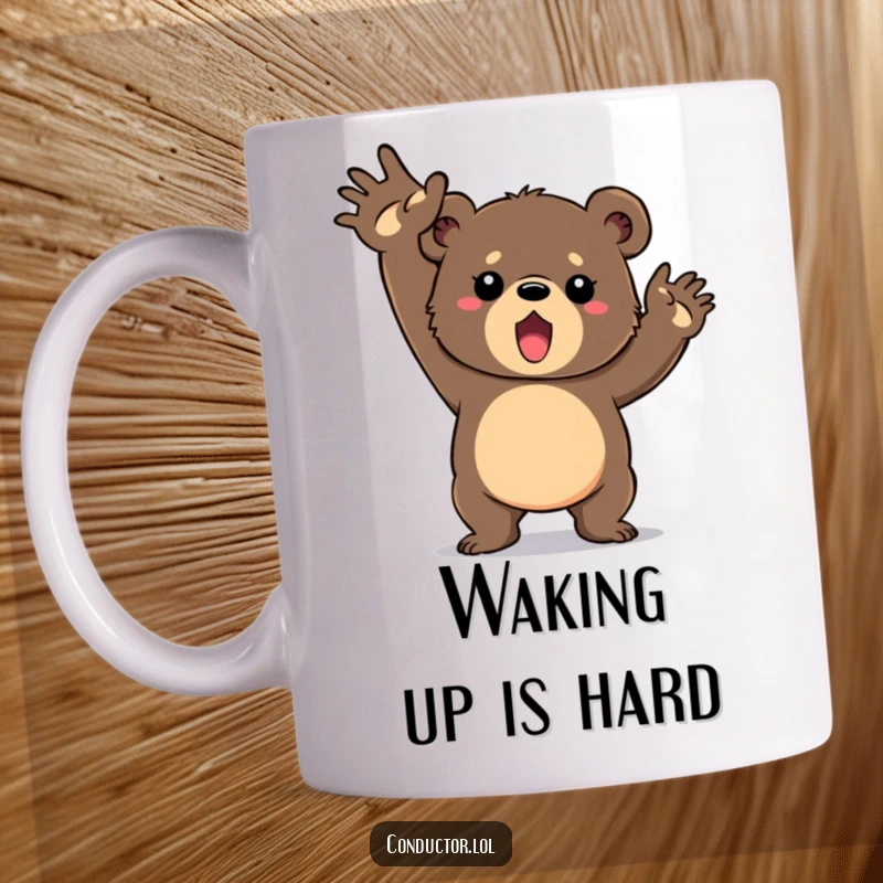 Funny mug depicting a determined bear cub vigorously swinging its arms in a grand, inspiring gesture, full of youthful energy.