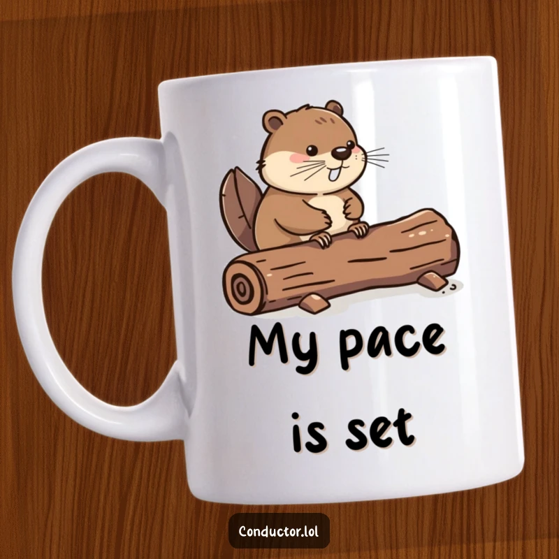 Funny mug showing a determined beaver rhythmically tapping its tail on a log, conveying a strong sense of musical timing and dedication, a great funny gift.
