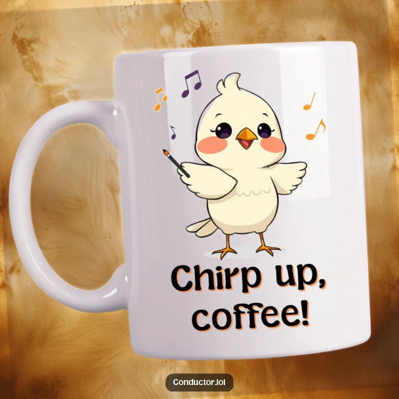 Funny mug with a determined bird conductor chirping musical cues with focused intensity, a symphony of concentration.