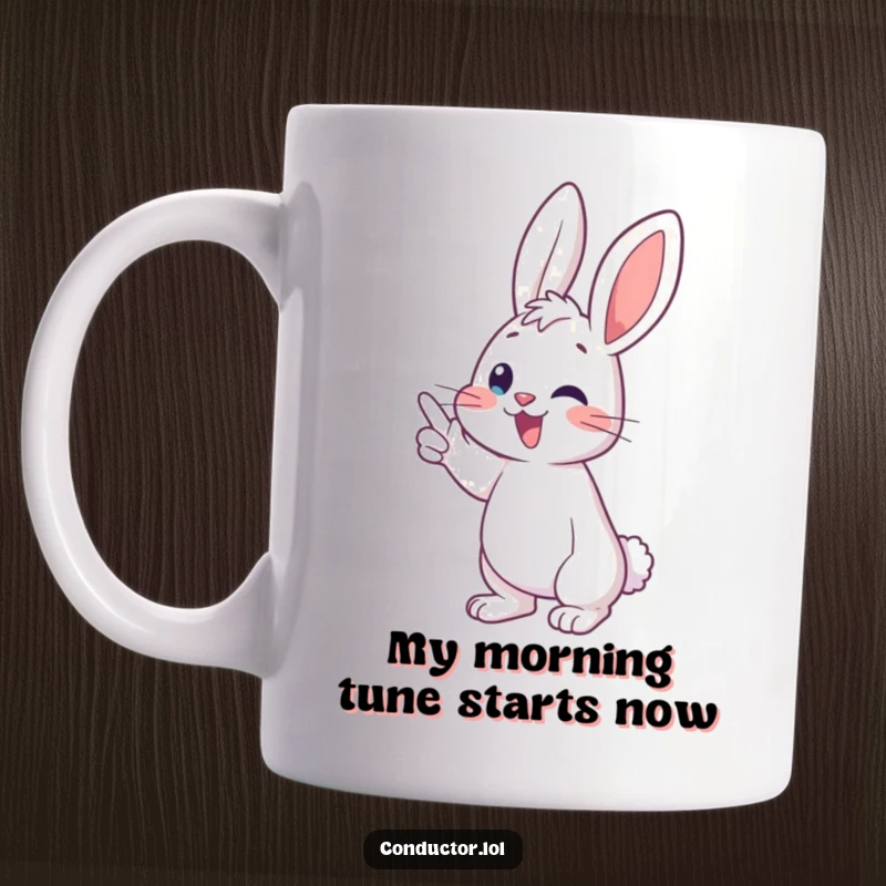 Funny bunny conductor mug, energetically pointing to a musical crescendo with a joyful expression, perfect for music lovers.