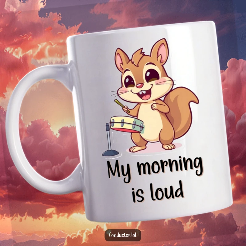 Funny mug with an energetic squirrel character gleefully banging on cymbals with wide, excited eyes, capturing pure enthusiasm.