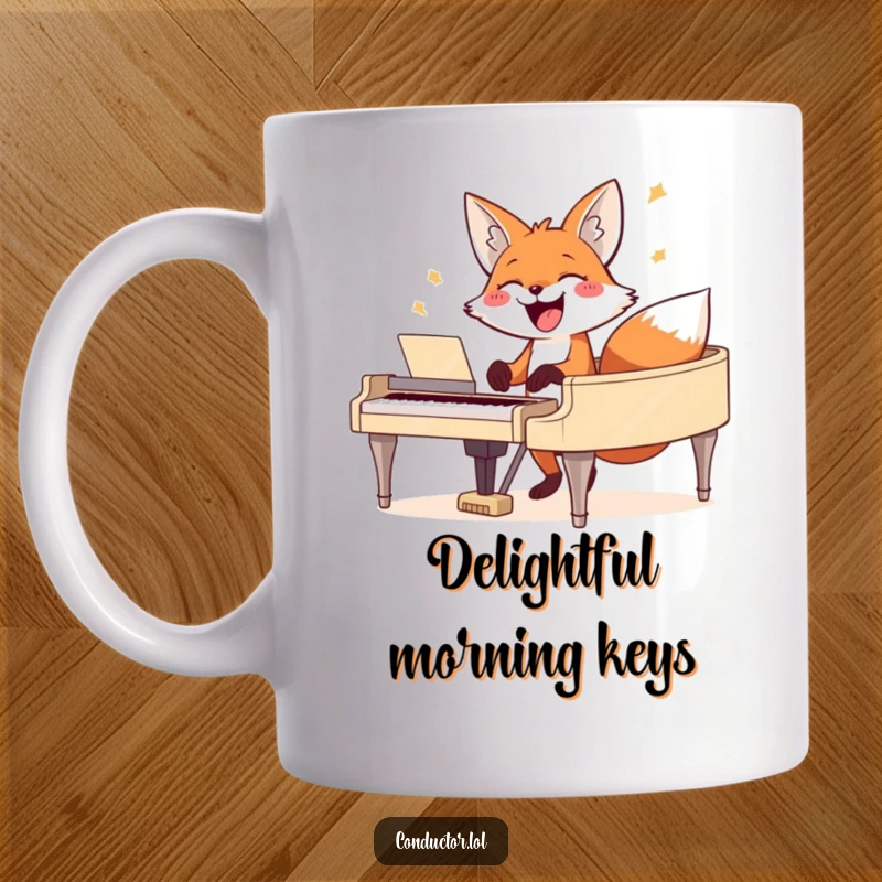 Funny fox mug, joyfully playing a grand piano with a wide, happy grin, perfect gift for pianists.