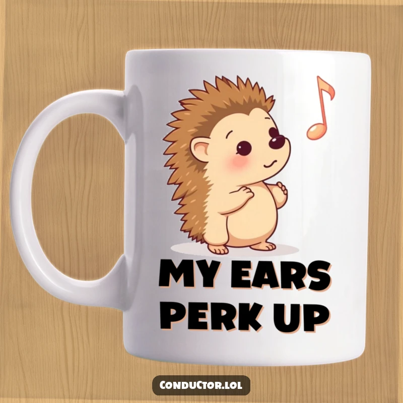 Funny Mug: A curious cartoon hedgehog intently listening to a single, prominent musical cue, capturing a moment of musical anticipation.