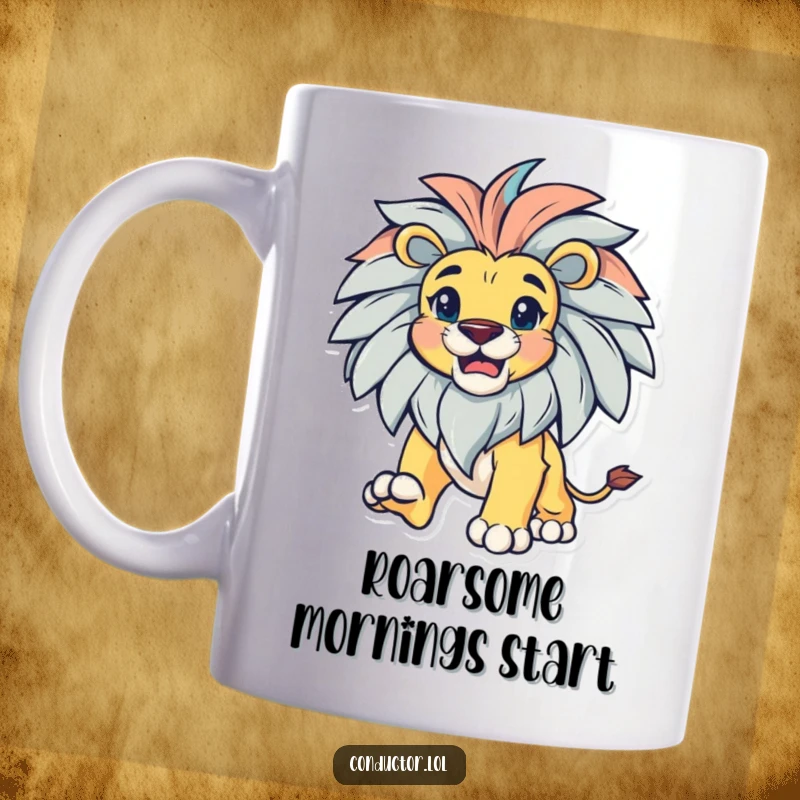 Funny bold lion with a magnificent mane, leading with gusto, on a coffee mug, empowering and strong.