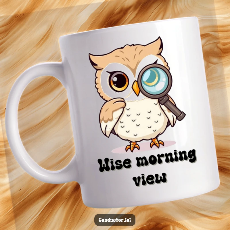 Funny mug featuring a curious owl wearing a monocle, peering intently through a spyglass at a distant, intriguing sight.