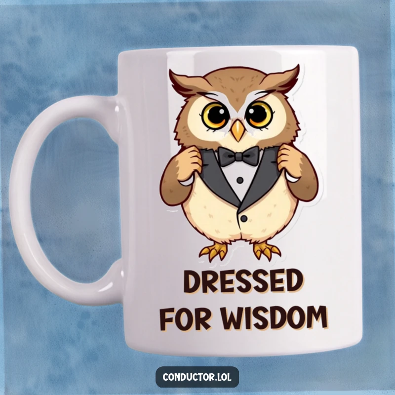 Funny owl tuxedo mug, a curious owl adjusting an oversized tuxedo with a pleased expression, perfect for stylish humor lovers.