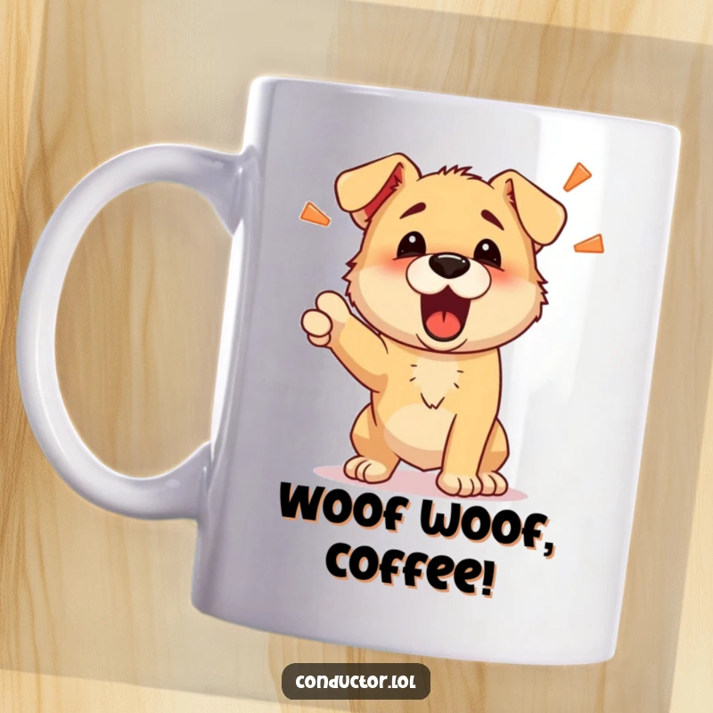 Funny puppy mug featuring a determined puppy barking out energetic commands, showcasing playful leadership and humor.