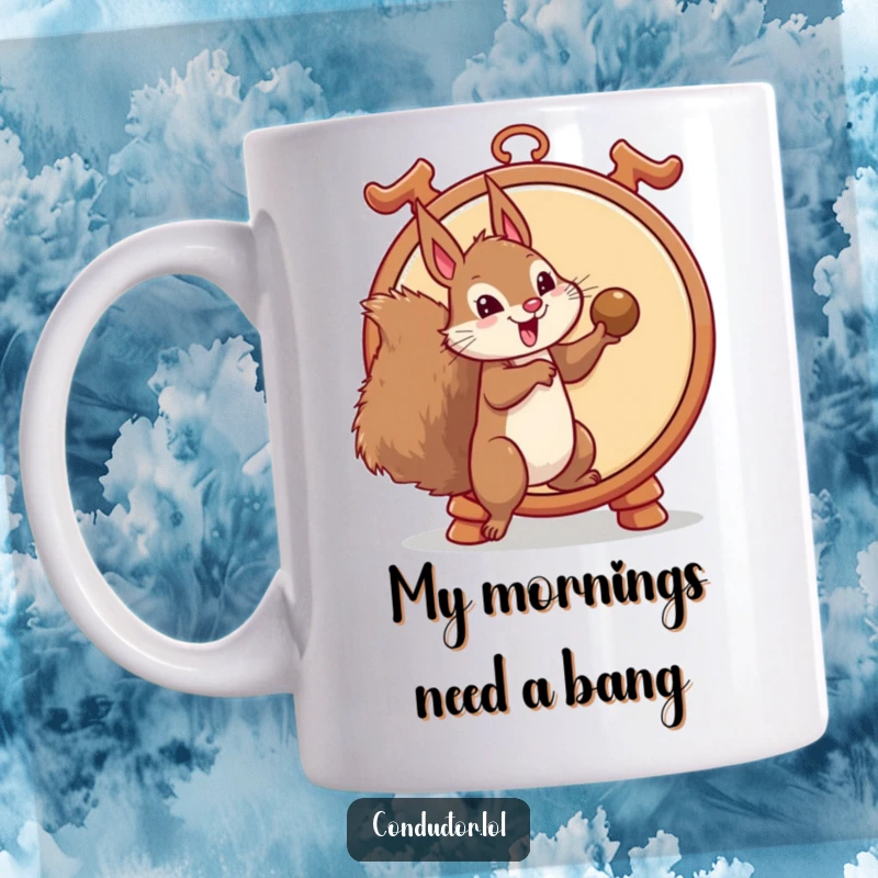 Funny squirrel mug playfully striking a giant gong with a stick, full of mischievous energy and exaggerated flair for a humorous gift.