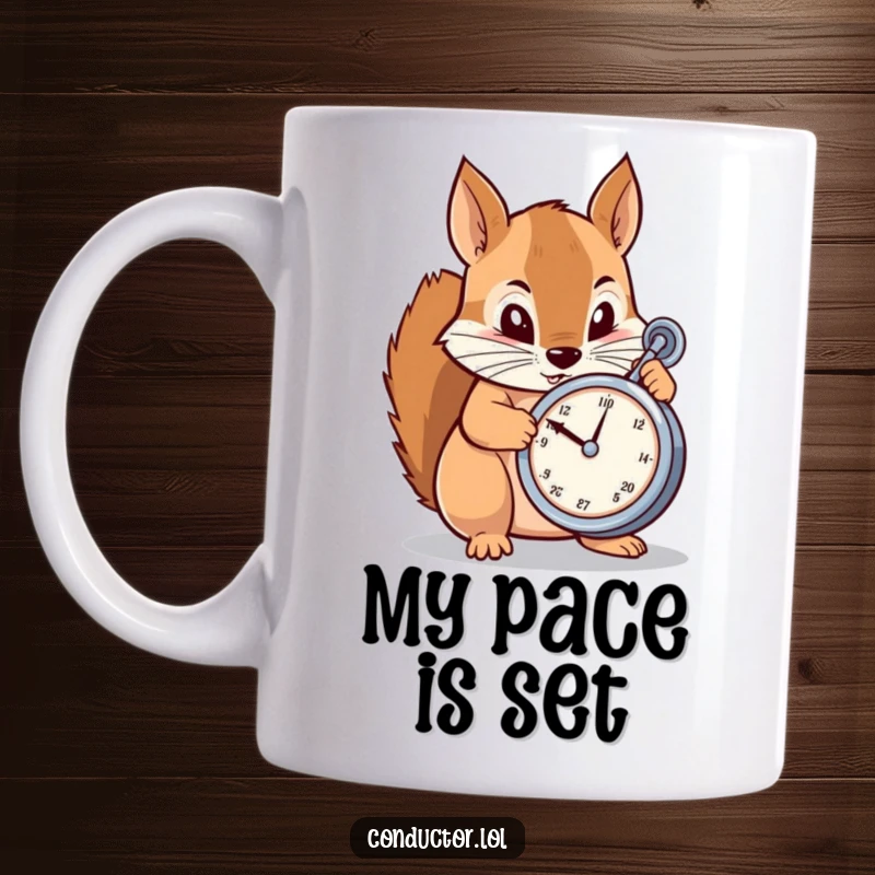 Funny Mug: A determined cartoon squirrel meticulously adjusting a metronome with intense focus and concentration.