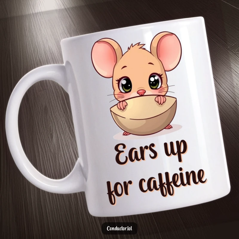 Funny Surprised Mouse Cymbal Mug: A wide-eyed cartoon mouse peeking from behind a large cymbal, caught off guard.