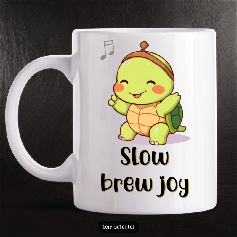 Funny mug with a joyful turtle conductor slowly guiding tempo with a contented smile, a maestro of relaxation.
