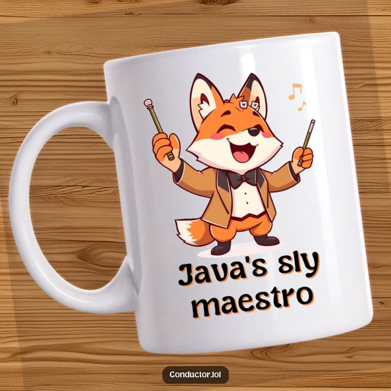 Funny Fox Conductor Mug with a wide grin, holding a baton high in a dramatic pose, leading an unseen orchestra with joy.