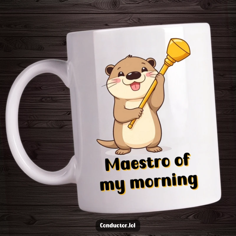 Funny Otter Conductor Mug: A beaming cartoon otter proudly holds a golden baton, ready to lead the symphony of your day.