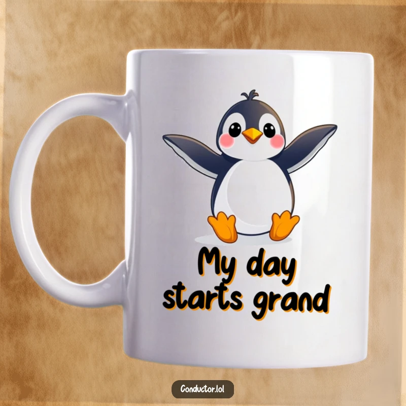 Funny mug featuring a playful penguin striking a grand pose with arms outstretched wide, radiating confidence and dramatic flair, a great funny gift.