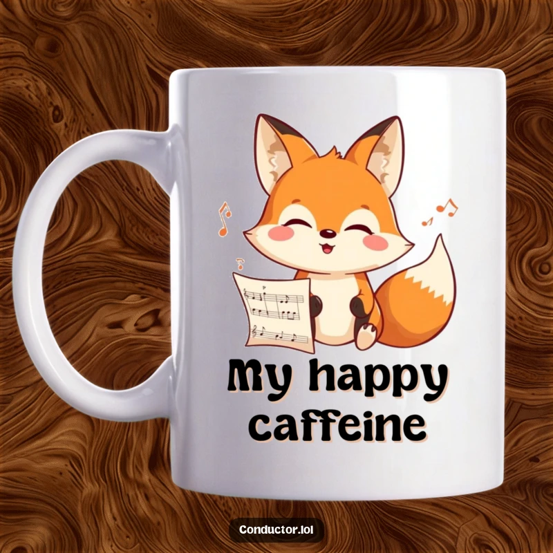 Funny cheerful cartoon fox intensely looking at an unseen musical score with a joyful expression on a mug, celebrating musical focus.