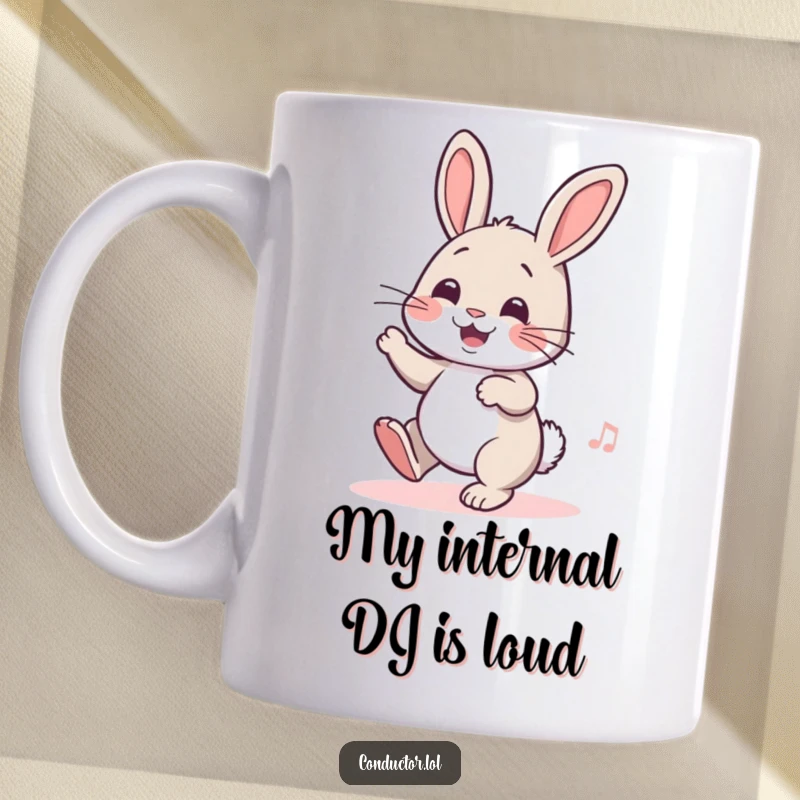 Funny mug featuring a cheerful rabbit enthusiastically tapping its foot, lost in its own musical world, a delightful scene.