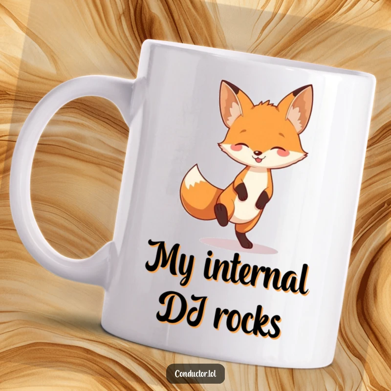Funny fox tapping its foot to unheard music, full of playful energy, on a coffee mug, perfect for animal lovers gifting.