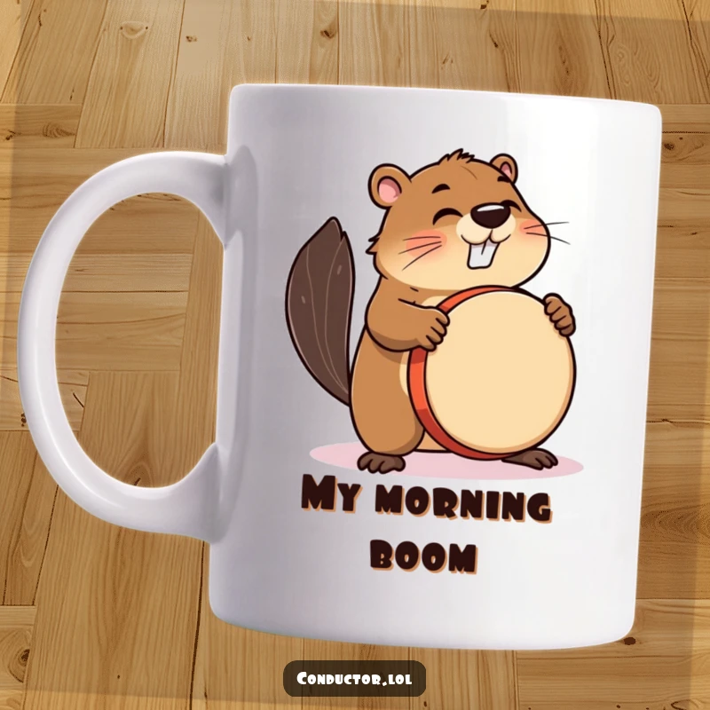 Funny mug depicting a busy beaver enthusiastically beating a large drum with intense focus.