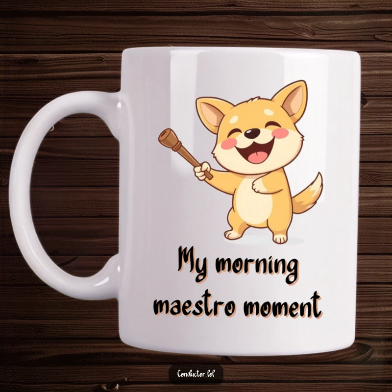 Funny dog mug with a delighted dog swinging a baton and grinning widely, ready to conduct pure happiness.