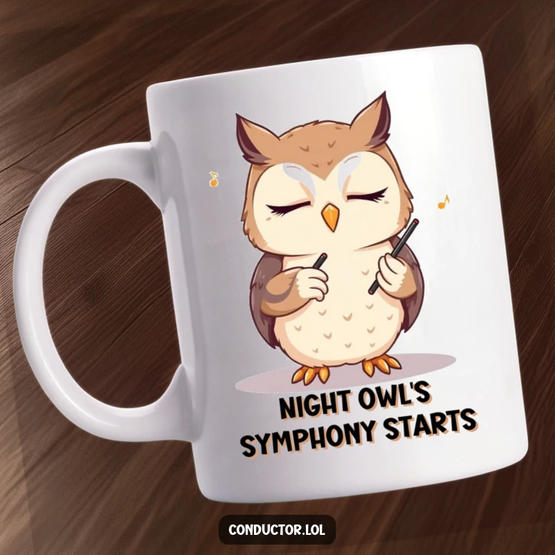 Funny owl conductor mug, eyes closed in deep concentration, conducting an unseen orchestra with a serene yet humorous expression, a perfect gift.