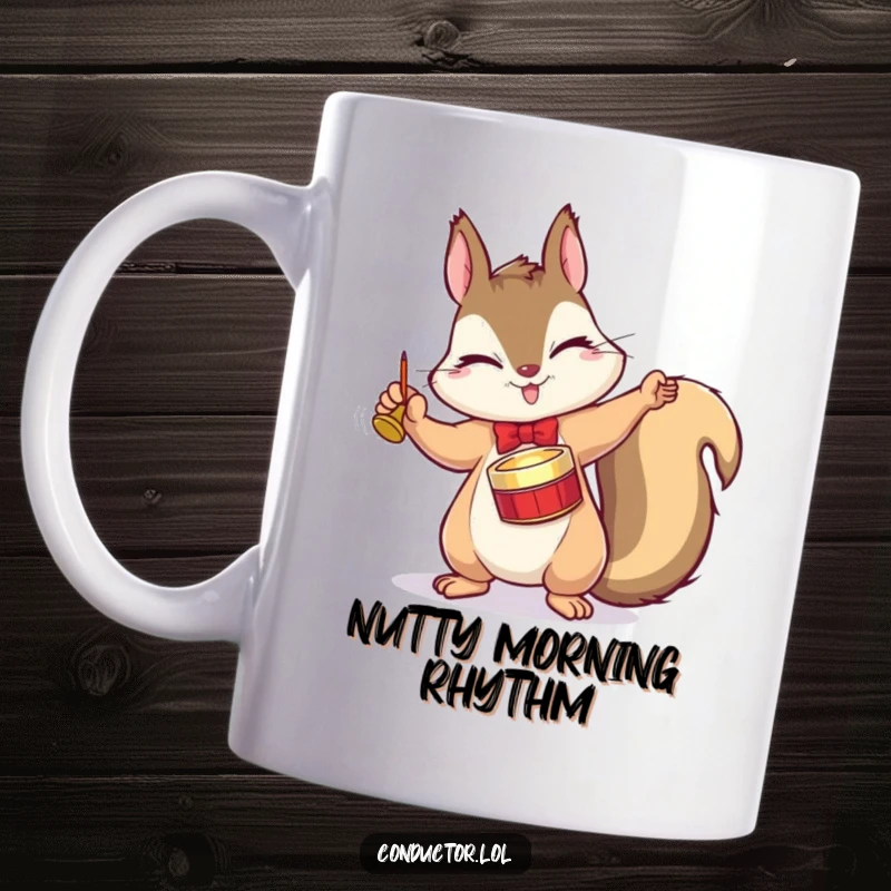 Funny mug with a winking squirrel conductor dramatically tapping a tiny cymbal with a flourish, showcasing musical humor.