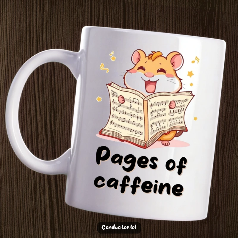 Funny Hamster Score Mug: A giggling hamster furiously turns the pages of a giant music score.