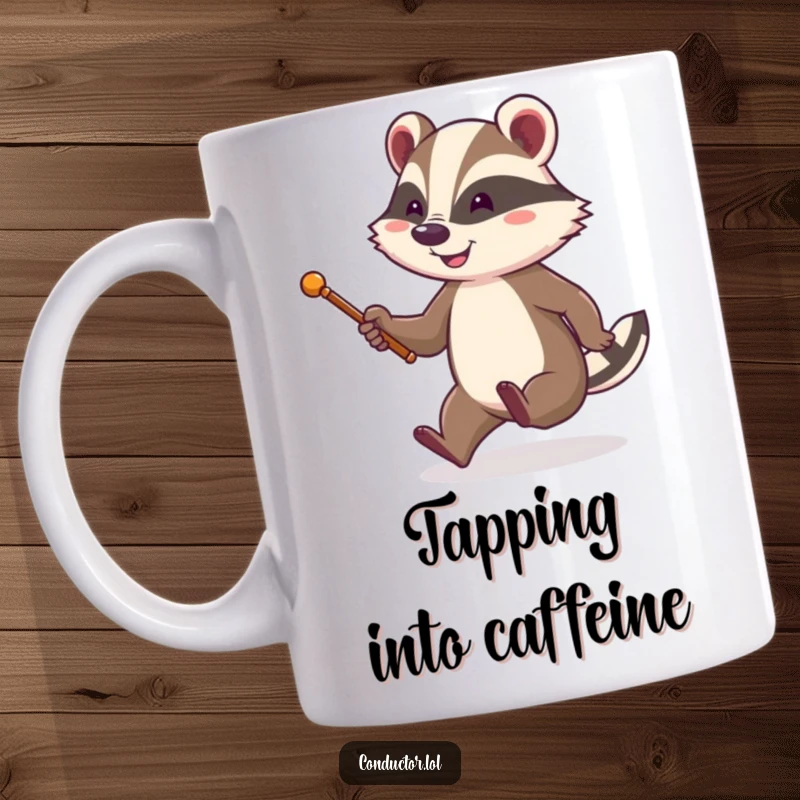 Funny mug showing a cheerful badger with a baton, energetically tapping its foot while smiling, embodying joyful direction.